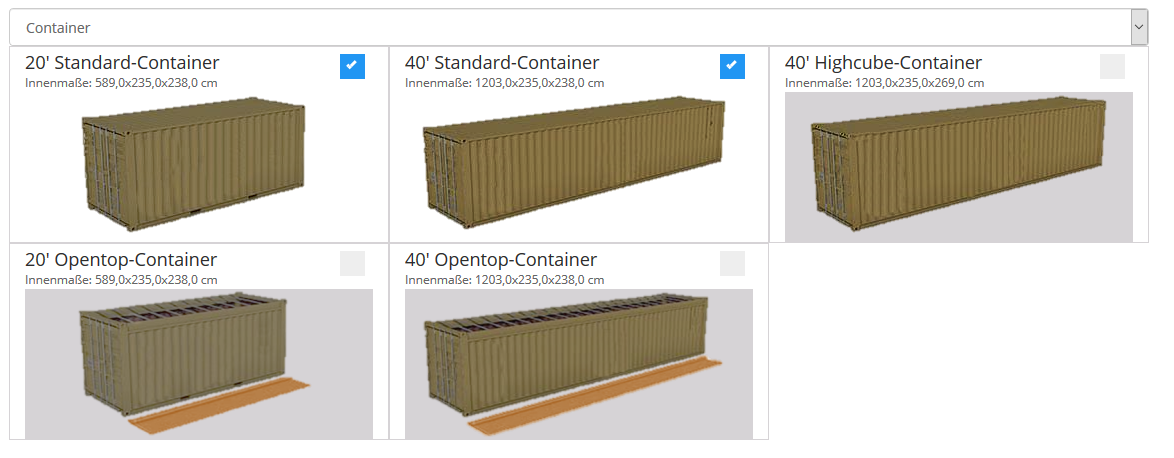 Eingabemaske - Container-Typen auswählen