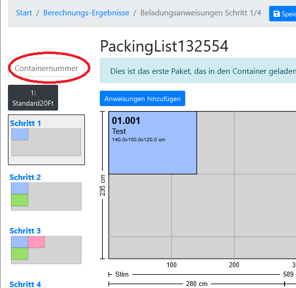 Eingabemaske zur Eingabe der Containernummer