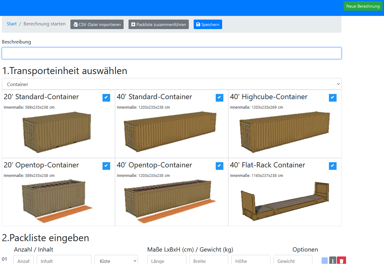 Container-Auswahl mit Flat Rack Container