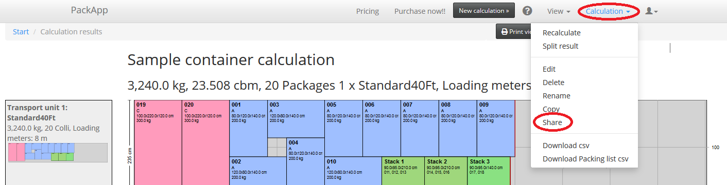 Sharing menu in the calculation result