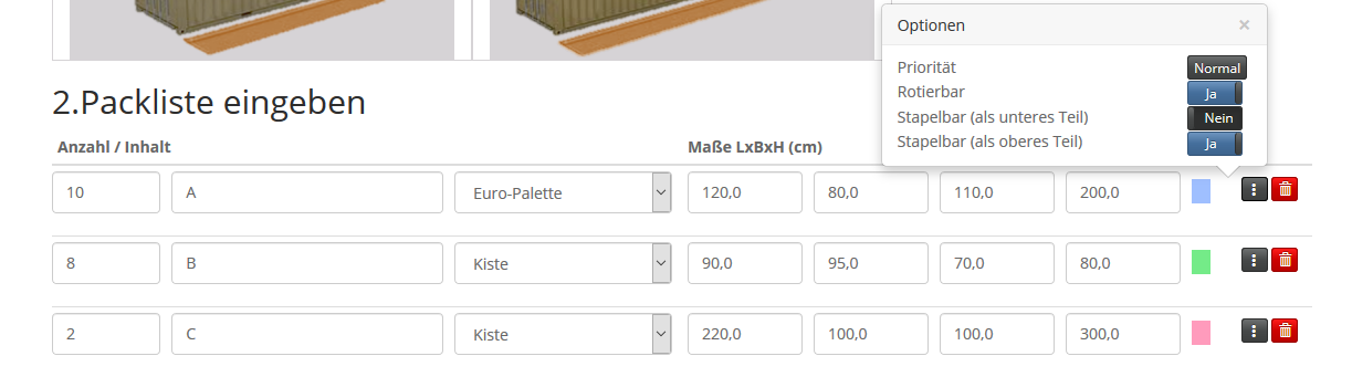 Maske Packliste mit Eingabeoption