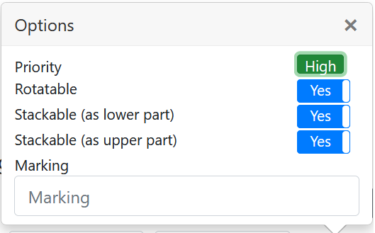 Prioritäts-Optionen für Packstücke